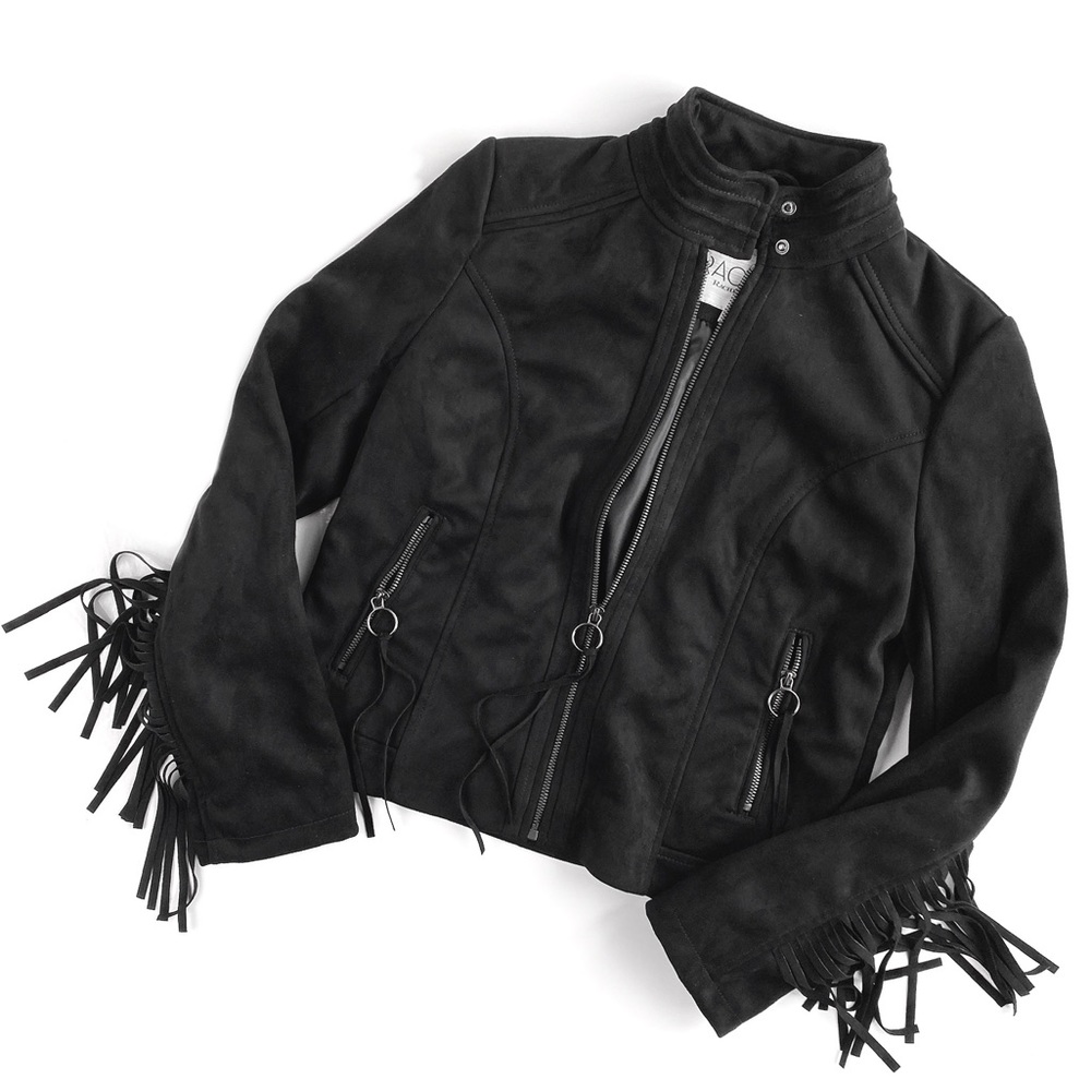 Rachel Roy | matte black fringe suede moto jacket